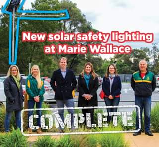 May be an image of 6 people, people standing, outdoors and text that says "New solar safety lighting at Marie Wallace COMPLETE"